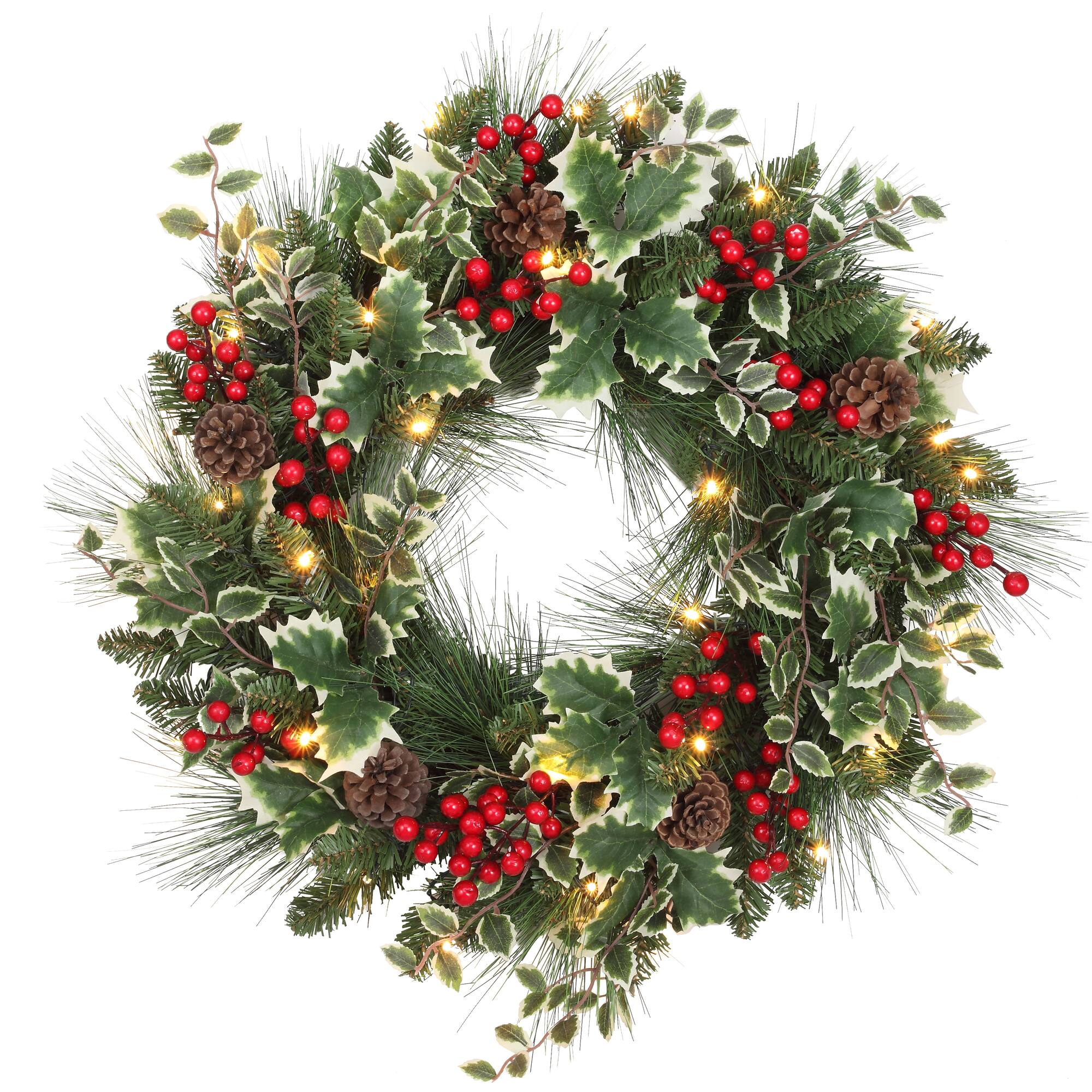 Haute Decor 24" Pre-Lit Holly, Pine & Berry Christmas Wreath, Soft White LED Lights